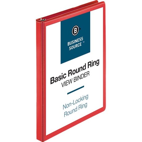 Business Source Round Ring Binder - 1/2" Binder Capacity - Round Ring Fastener(s) - 2 Internal Pocket(s) - Red - Clear Overlay, 