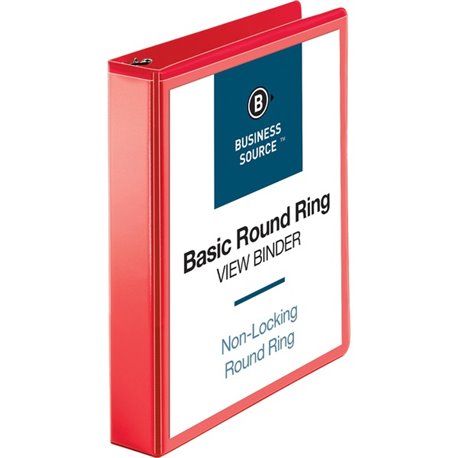 Business Source Round Ring Binder - 1 1/2" Binder Capacity - Round Ring Fastener(s) - 2 Internal Pocket(s) - Red - Clear Overlay