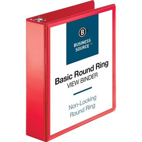 Business Source Round Ring Binder - 2" Binder Capacity - Round Ring Fastener(s) - 2 Internal Pocket(s) - Red - Clear Overlay, La