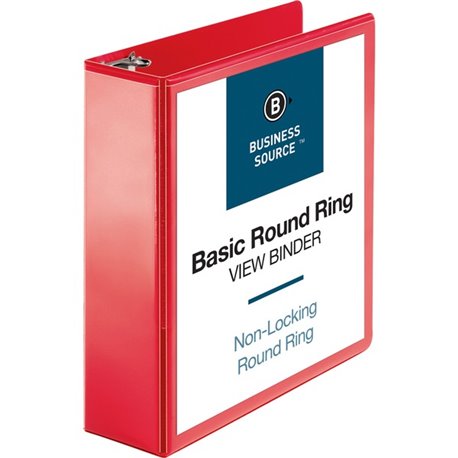 Business Source Round Ring Binder - 3" Binder Capacity - Round Ring Fastener(s) - 2 Internal Pocket(s) - Red - Clear Overlay, La