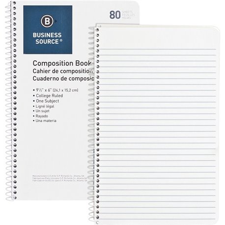 Business Source College Ruled Composition Books - 80 Sheets - Wire Bound - 16 lb Basis Weight - 6" x 9 1/2" - White Paper - Stif