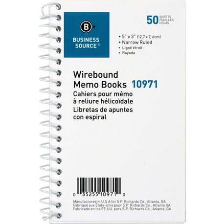 Business Source Side Wirebound Ruled Memo Book - 50 Sheet(s) - Wire Bound - 3" x 5" Sheet Size - White - 1 Dozen