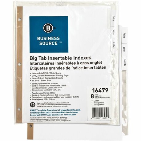 Business Source Tear-resistant Clear Tab Index Dividers - 8 Tab(s) - 8.5" Divider Width x 11" Divider Length - Letter - White Di