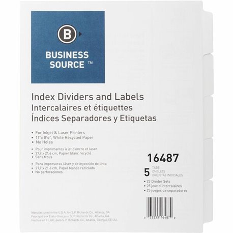 Business Source Un-punched Index Dividers Set - 5 x Divider(s) - Blank Tab(s) - 5 Tab(s)/Set - White Divider - White Tab(s) - Re