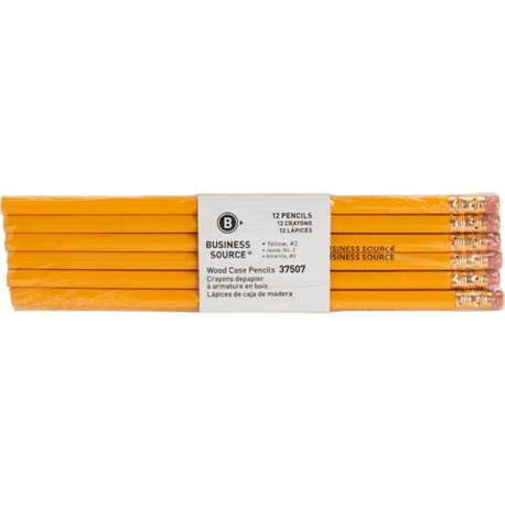 Business Source Woodcase No. 2 Pencils - 2 Lead - Yellow Wood Barrel - 1 Dozen