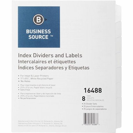 Business Source Unpunched Index Dividers Set - 8 Blank Tab(s) - 8.5" Divider Width x 11" Divider Length - Letter - White Tab(s) 