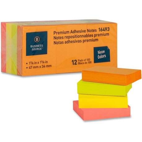 Business Source Premium Repostionable Adhesive Notes - 1 1/2" x 2" - Rectangle - Unruled - Neon - Self-adhesive, Repositionable,