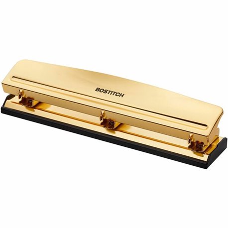 Bostitch 3-hole Punch - 3 Punch Head(s) - 12 Sheet - 9/32" Punch Size - Metal, Rubber - 2.5" x 10.6" - Yellow, Gold