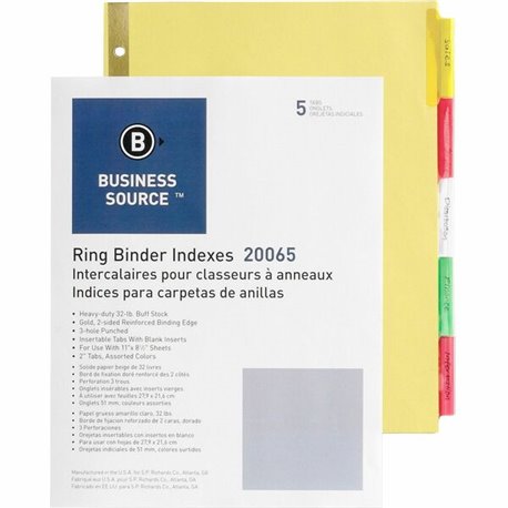 Business Source Reinforced Insertable Tab Indexes - 5 Tab(s)2" Tab Width - 8.5" Divider Width x 11" Divider Length - Letter - 3 