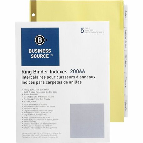 Business Source Insertable 5-Tab Ring Binder Indexes - 5 x Divider(s) - 5 Tab(s)/Set2" Tab Width - 8.5" Divider Width x 11" Divi