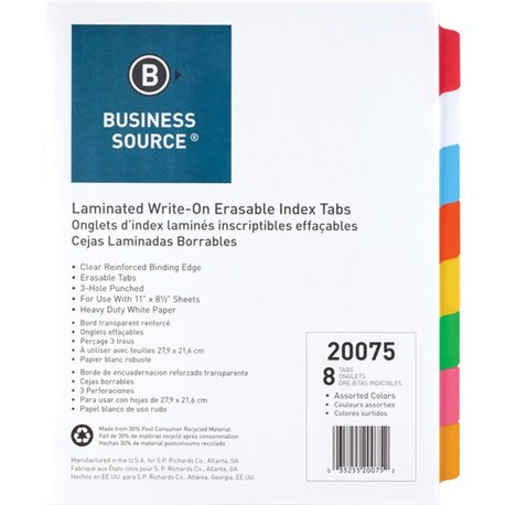 Business Source Laminated Write-On Tab Indexes - 8 Write-on Tab(s) - 8 Tab(s)/Set - 11" Tab Height x 8.50" Tab Width - 3 Hole Pu