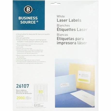 Business Source Address Laser Labels - 1/2" Width x 1 3/4" Length - Permanent Adhesive - Rectangle - Laser - White - 80 / Sheet 