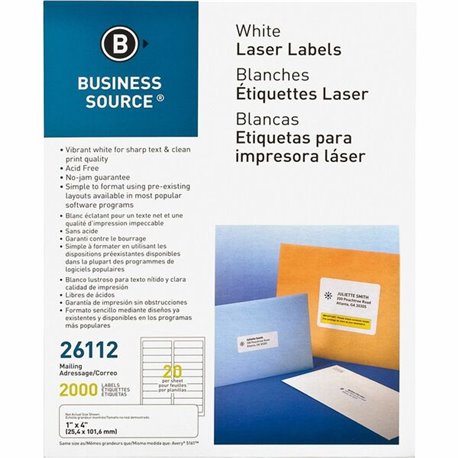 Business Source Bright White Premium-quality Address Labels - 1" Width x 4" Length - Permanent Adhesive - Rectangle - Laser, Ink