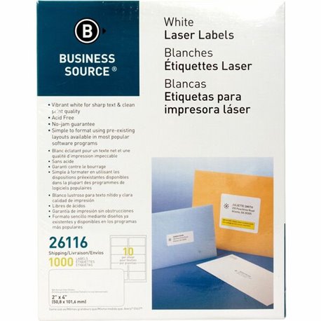 Business Source Bright White Premium-quality Shipping Labels - 2" Width x 4" Length - Permanent Adhesive - Rectangle - Laser, In