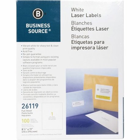 Business Source Address Labels - 8 1/2" Width x 11" Length - Permanent Adhesive - Rectangle - Laser, Inkjet - White - 1 / Sheet 