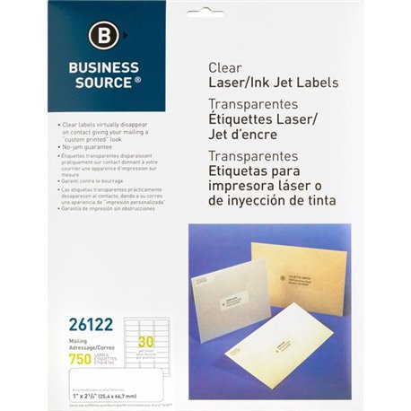 Business Source Mailing Address Labels - 1" Width x 2 3/4" Length - Permanent Adhesive - Rectangle - Laser - Clear - 30 / Sheet 