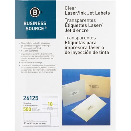 Business Source Clear Shipping Labels - 2" Width x 4 1/4" Length - Permanent Adhesive - Rectangle - Laser - Clear - 10 / Sheet -