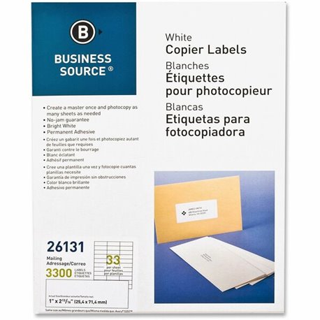 Business Source Bright White Copier Labels - 1" Width x 2 3/4" Length - Rectangle - White - 33 / Sheet - 3300 / Pack - Lignin-fr