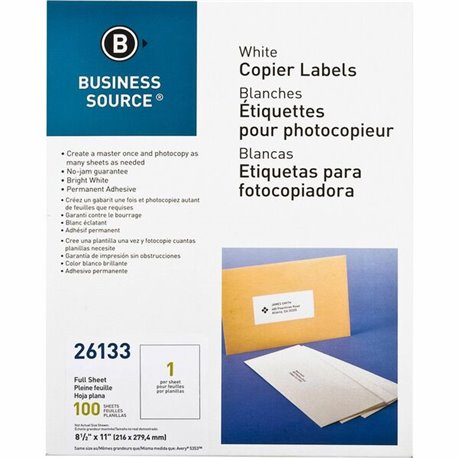 Business Source 8-1/2"x11" Copier Labels - 8 1/2" Width x 11" Length - Rectangle - White - 1 / Sheet - 100 / Pack - Lignin-free,