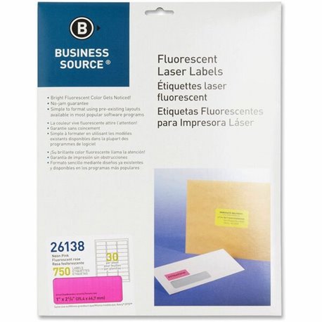 Business Source Neon Labels - 1" Width x 2 5/8" Length - Permanent Adhesive - Rectangle - Laser - Neon Pink - 30 / Sheet - 750 /