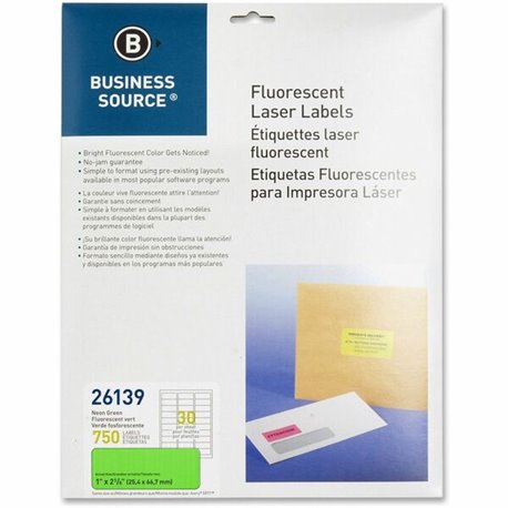 Business Source Neon Labels - 1" Width x 2 5/8" Length - Permanent Adhesive - Rectangle - Laser - Neon Green - 30 / Sheet - 750 