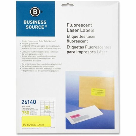 Business Source Neon Labels - 1" Width x 2 5/8" Length - Permanent Adhesive - Rectangle - Laser - Neon Yellow - 30 / Sheet - 750