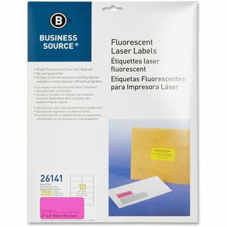 Business Source Neon Labels - 2" Width x 4" Length - Permanent Adhesive - Rectangle - Laser - Neon Pink - 10 / Sheet - 250 / Pac