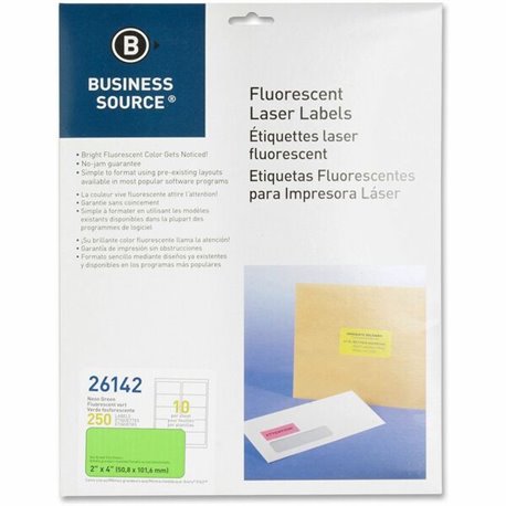 Business Source Neon Labels - 2" Width x 4" Length - Permanent Adhesive - Rectangle - Laser - Neon Green - 10 / Sheet - 250 / Pa