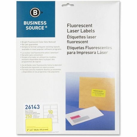 Business Source Neon Labels - 2" Width x 4" Length - Permanent Adhesive - Rectangle - Laser - Neon Yellow - 10 / Sheet - 250 / P