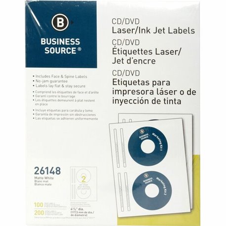 Business Source CD/DVD Labels - - Height4 5/8" Diameter - Permanent Adhesive - Circle - Inkjet, Laser - White - 100 / Pack - Lig