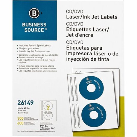 Business Source CD/DVD Labels - - Height4 5/8" Diameter - Permanent Adhesive - Circle - Inkjet, Laser - White - 300 / Pack - Lig