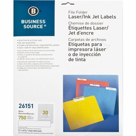 Business Source Laser/Inkjet Permanent File Folder Labels - 43/64" Width x 3 7/16" Length - Permanent Adhesive - Rectangle - Las