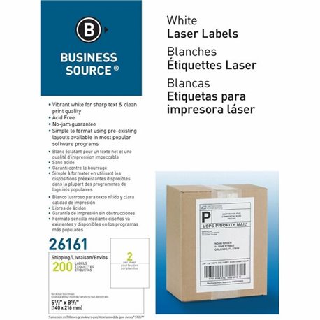 Business Source Shipping Labels - 5 1/2" Width x 8 1/2" Length - Permanent Adhesive - Rectangle - Laser, Inkjet - White - 2 / Sh