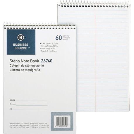 Business Source Steno Notebook - 60 Sheets - Wire Bound - Gregg Ruled Margin - 15 lb Basis Weight - 6" x 9" - White Paper - Stif