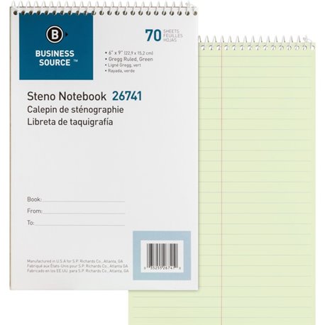 Business Source Steno Notebook - 70 Sheets - Wire Bound - Gregg Ruled Margin - 15 lb Basis Weight - 6" x 9" - Green Paper - Stif