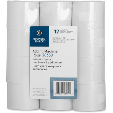 Business Source 150' Adding Machine Rolls - 2 1/4" x 150 ft - 12 / Pack - Sustainable Forestry Initiative (SFI) - Lint-free - Wh