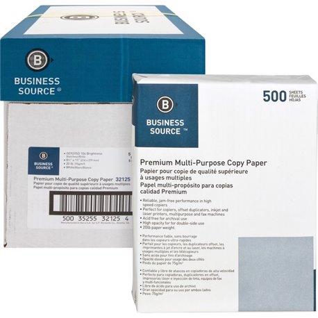 Business Source Premium Multipurpose Copy Paper - 92 Brightness - Letter - 8 1/2" x 11" - 20 lb Basis Weight - 5 / Carton - 2500