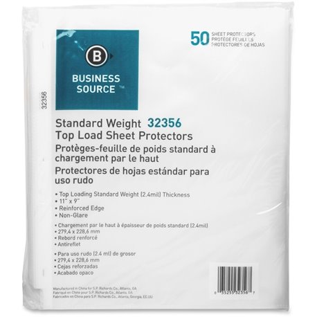 Business Source Nonglare Top-loading Sheet Protectors - 11" Height x 9" Width - 2.4 mil Thickness - For Letter 8 1/2" x 11" Shee