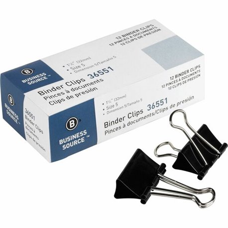 Business Source Fold-back Binder Clips - Medium - 1.3" Length x 1.3" Width - 0.63" Size Capacity - 1Dozen - Black - Steel