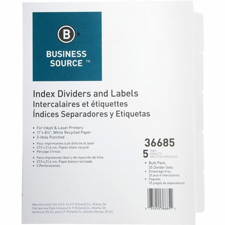 Business Source Punched Laser Index Dividers - 5 Blank Tab(s) - 8.5" Divider Width x 11" Divider Length - Letter - 3 Hole Punche