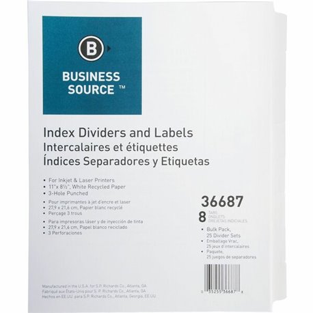 Business Source Punched Laser Index Dividers - 8 Blank Tab(s) - 8.5" Divider Width x 11" Divider Length - Letter - 3 Hole Punche