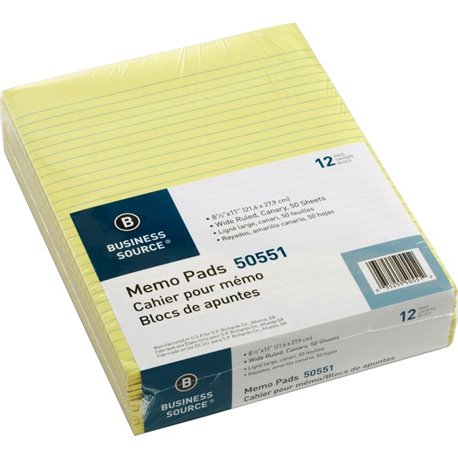 Business Source Glued Top Ruled Memo Pads - Letter - 50 Sheets - Glue - 16 lb Basis Weight - Letter - 8 1/2" x 11" - Canary Pape