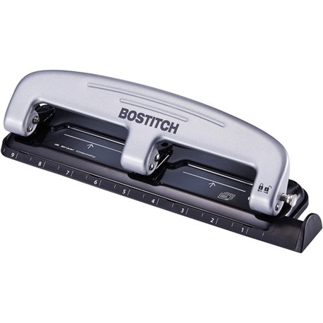 Bostitch EZ Squeeze 12 Three-Hole Punch - 3 Punch Head(s) - 12 Sheet - 9/32" Punch Size - 3" x 1.6" - Black, Silver