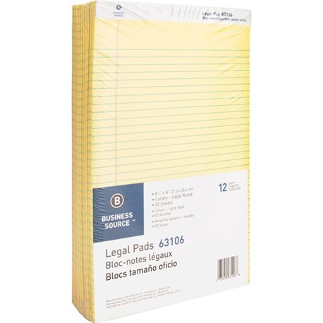 Business Source Legal Pads - 50 Sheets - 0.34" Ruled - 16 lb Basis Weight - Legal - 8 1/2" x 14" - Canary Paper - Micro Perforat