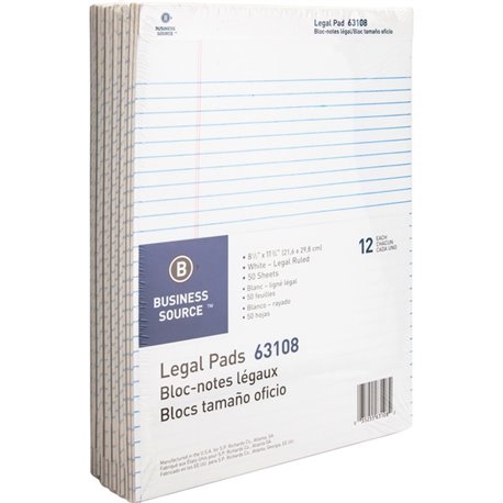 Business Source Micro-Perforated Legal Ruled Pads - 50 Sheets - 0.34" Ruled - 16 lb Basis Weight - 8 1/2" x 11 3/4" - White Pape