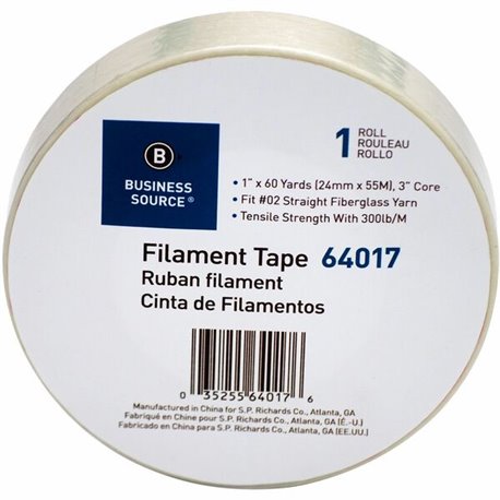 Business Source Heavy-duty Filament Tape - 60 yd Length x 1" Width - 3" Core - Fiberglass Filament - 1 / RollRoll - White