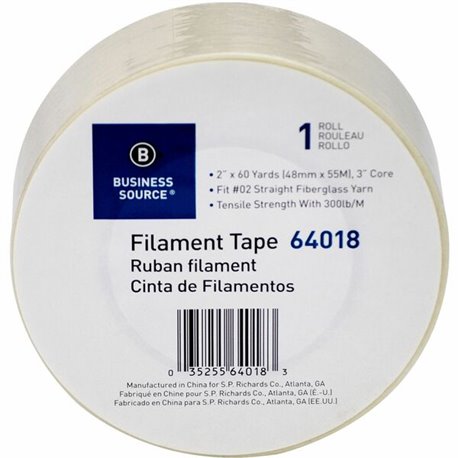 Business Source Heavy-duty Filament Tape - 60 yd Length x 2" Width - 3" Core - Fiberglass Filament - 1 / RollRoll - White