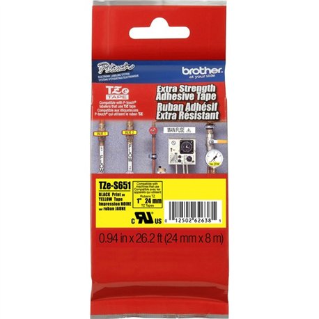 Brother P-Touch TZe Extra Strength Adhesive Tape - 15/16" Width - Thermal Transfer - Black, Yellow - Polyethylene - 1 Each - Wat