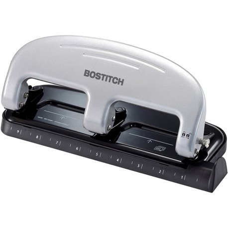 Bostitch EZ Squeeze 20 Three-Hole Punch - 3 Punch Head(s) - 20 Sheet - 9/32" Punch Size - 4.4" x 2" - Black, Silver