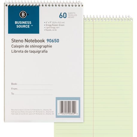 Business Source Steno Notebook - 60 Sheets - Coilock - Gregg Ruled Margin - 6" x 9" - Green Tint Paper - Stiff-back, Sturdy - 1 